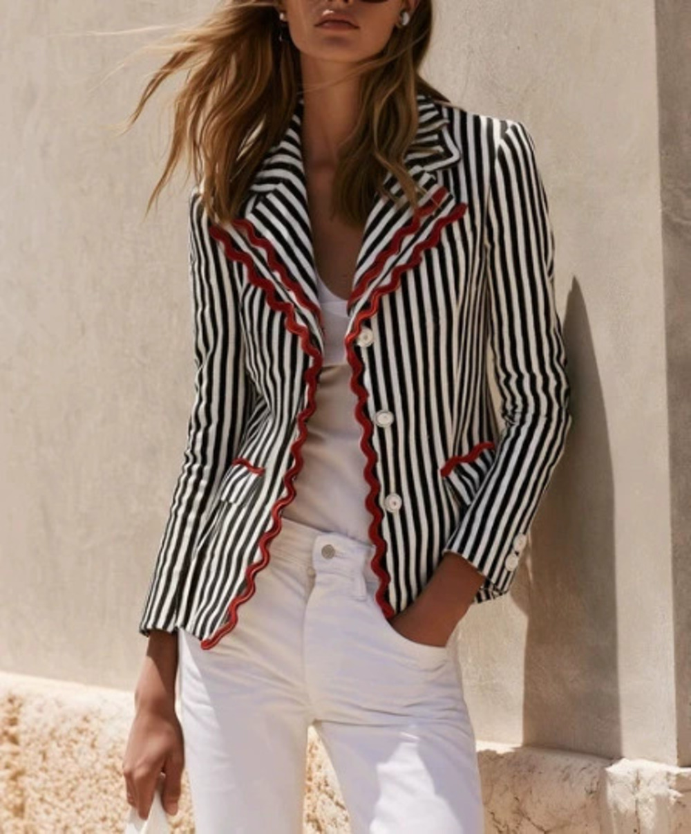 ZARA Fall Red Scalloped Trim Notch Lapel Single Breasted Slim Fit Womens Blazer